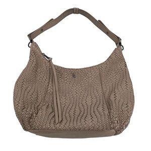 Elliott Lucca Taupe Nude Woven Leather Hobo Medium Bag Purse Logo Zip Classic